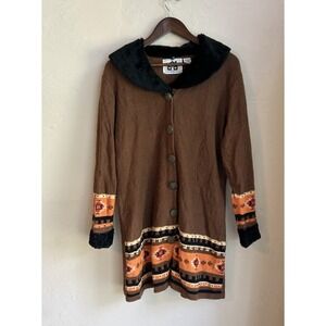 Vintage Storybook Knits Sweater Cardigan Duster M Western Faux Fur Button Up
